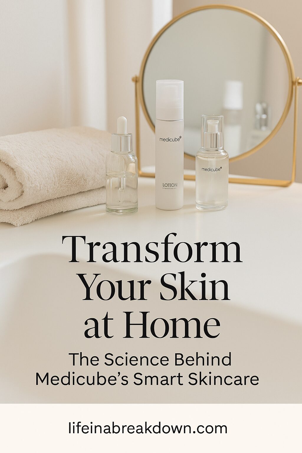 Three Medicube skincare products and a folded towel are arranged on a white surface next to a round mirror. Text reads: Transform Your Skin at Home. The Science Behind Medicube’s Smart Skincare. lifeinabreakdown.com.