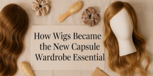 Two wigs, wooden hairbrushes, and beige scrunchies are arranged around a cloth with the text How Wigs Became the New Capsule Wardrobe Essential in the centre.