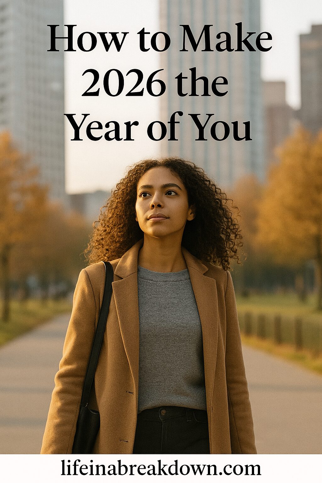 A confident young woman with curly hair walks outdoors in autumn, surrounded by tall buildings and trees. Text reads: How to Make 2026 the Year of You and lifeinabreakdown.com.