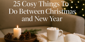 A lit candle, pinecones, an open book, and a mug of hot chocolate sit on a table in front of a sofa and Christmas tree. Text reads: 25 Cosy Things To Do Between Christmas and New Year.