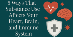 Text reads 5 Ways That Substance Use Affects Your Heart, Brain, and Immune System alongside icons of a heart with a pulse line, a brain, a medical shield, and virus symbols on a teal background.