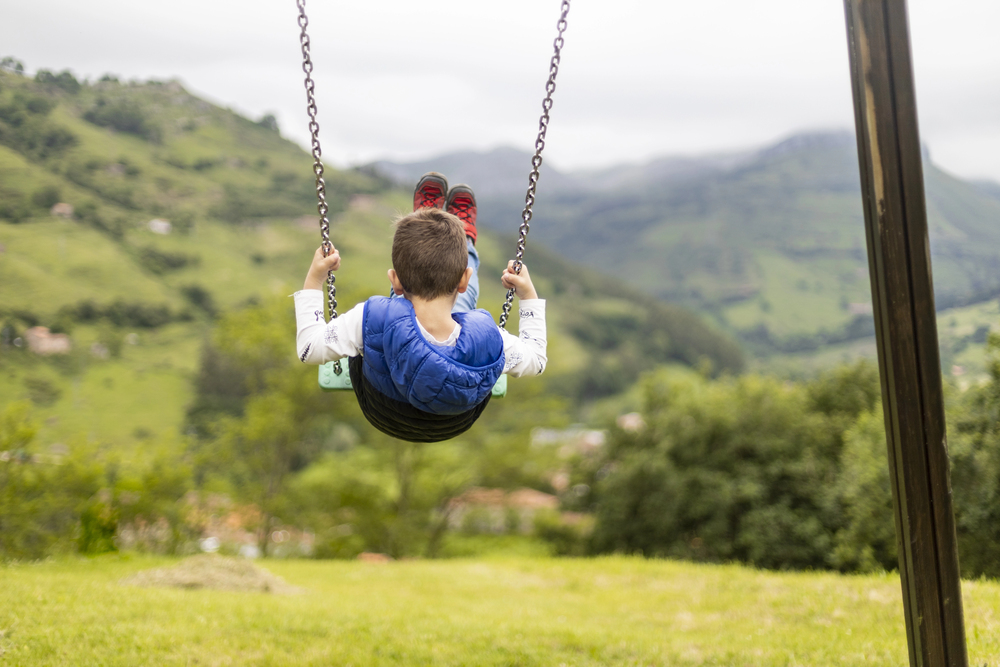 A young boy in a blue waistcoat and red trainers is swinging outdoors, facing away from the camera, with green hills and trees in the background on a cloudy day.