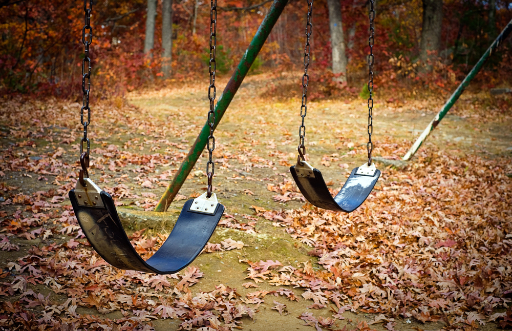 Two empty black swings hang from chains in an outdoor playground. Fallen autumn leaves cover the ground, and trees with colourful foliage are visible in the background.