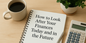 A notebook with the words How to Look After Your Finances Today and in the Future sits on a desk next to a cup of coffee, a potted plant, a pen, and a calculator.