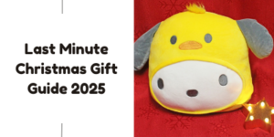 A soft toy shaped like a yellow chick with grey wings and a small beak sits on a red background next to a glowing star. Text reads: Last Minute Christmas Gift Guide 2025.