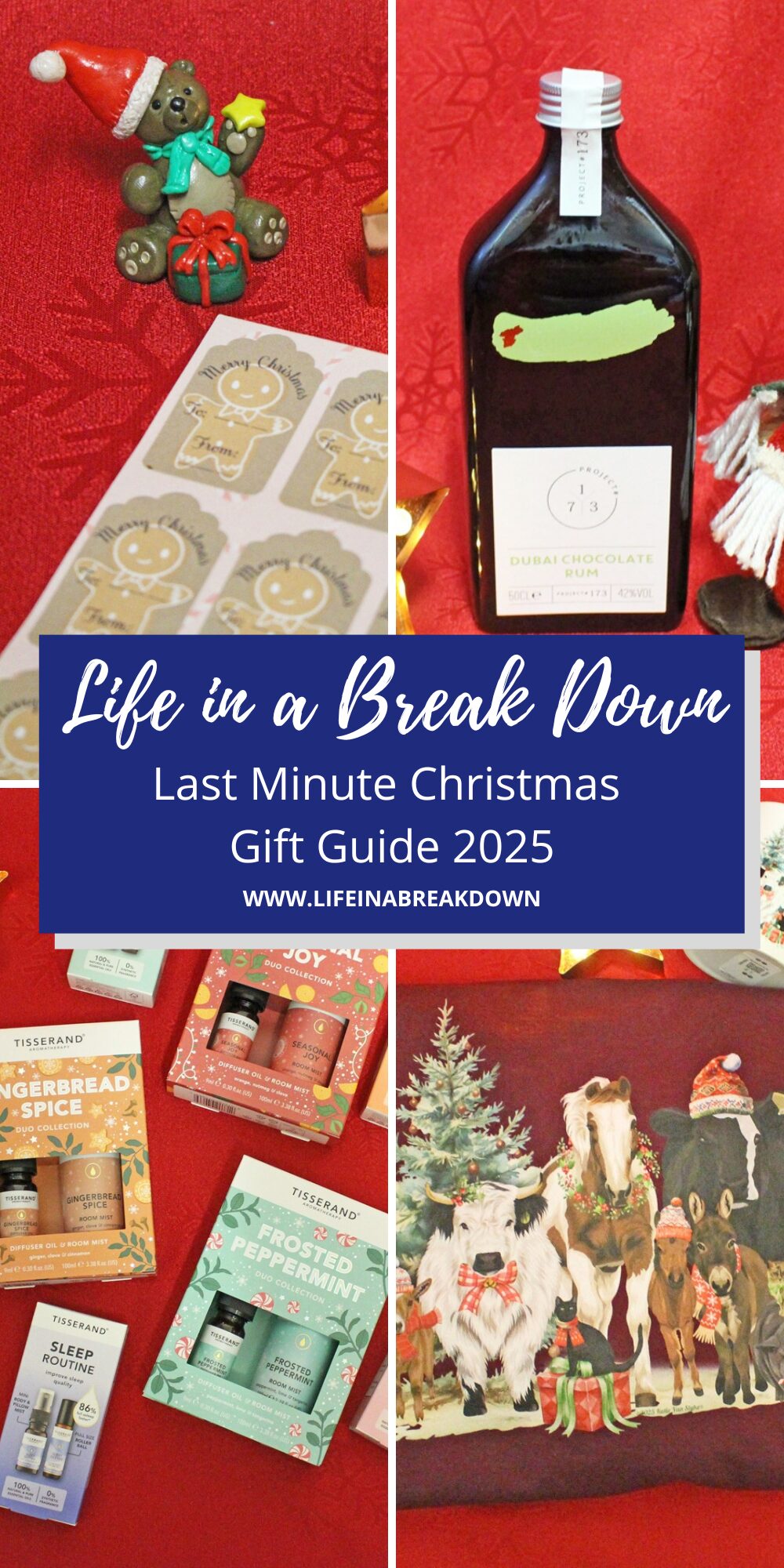 A collage of Christmas-themed gift items, including biscuits, a bottle of drink, gift sets, and festive decorations, with a banner reading Life in a Break Down Last Minute Christmas Gift Guide 2025.