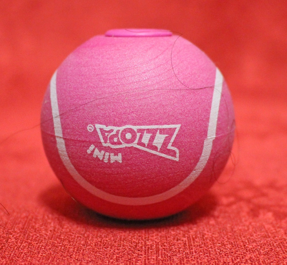 A pink Zipp mini tennis ball with white stripes and some hairs on it, placed on a red textured surface with a red background.