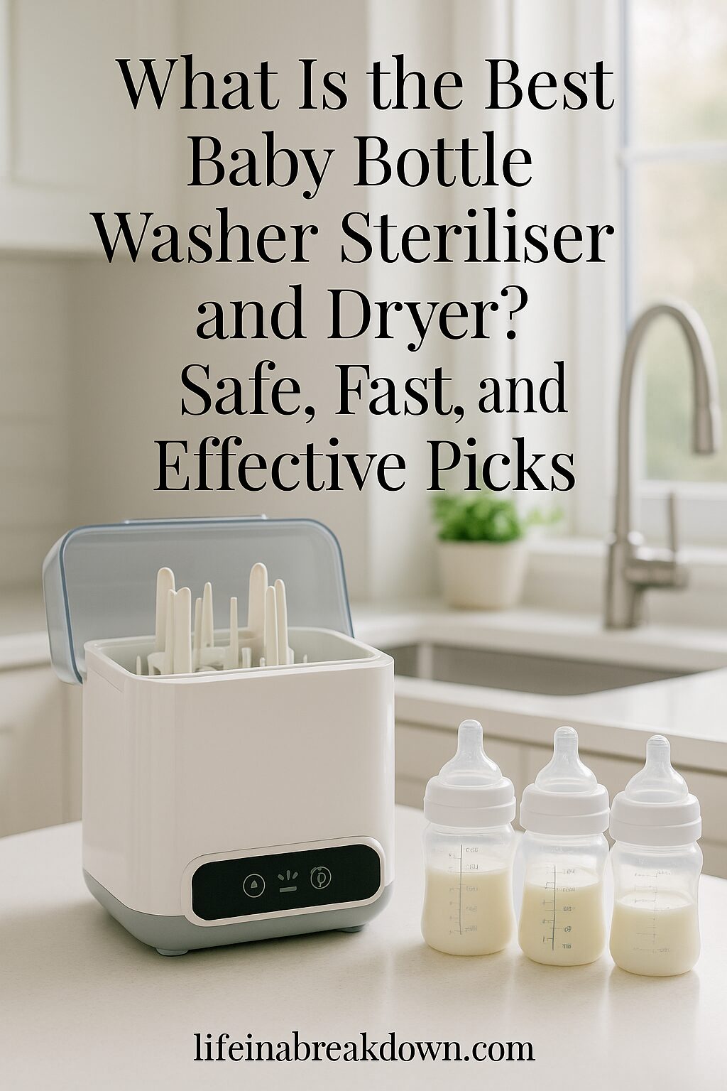 A baby bottle steriliser and dryer sits on a kitchen counter next to three filled baby bottles. Text over the image reads: What Is the Best Baby Bottle Washer Steriliser and Dryer? Safe, Fast, and Effective Picks.