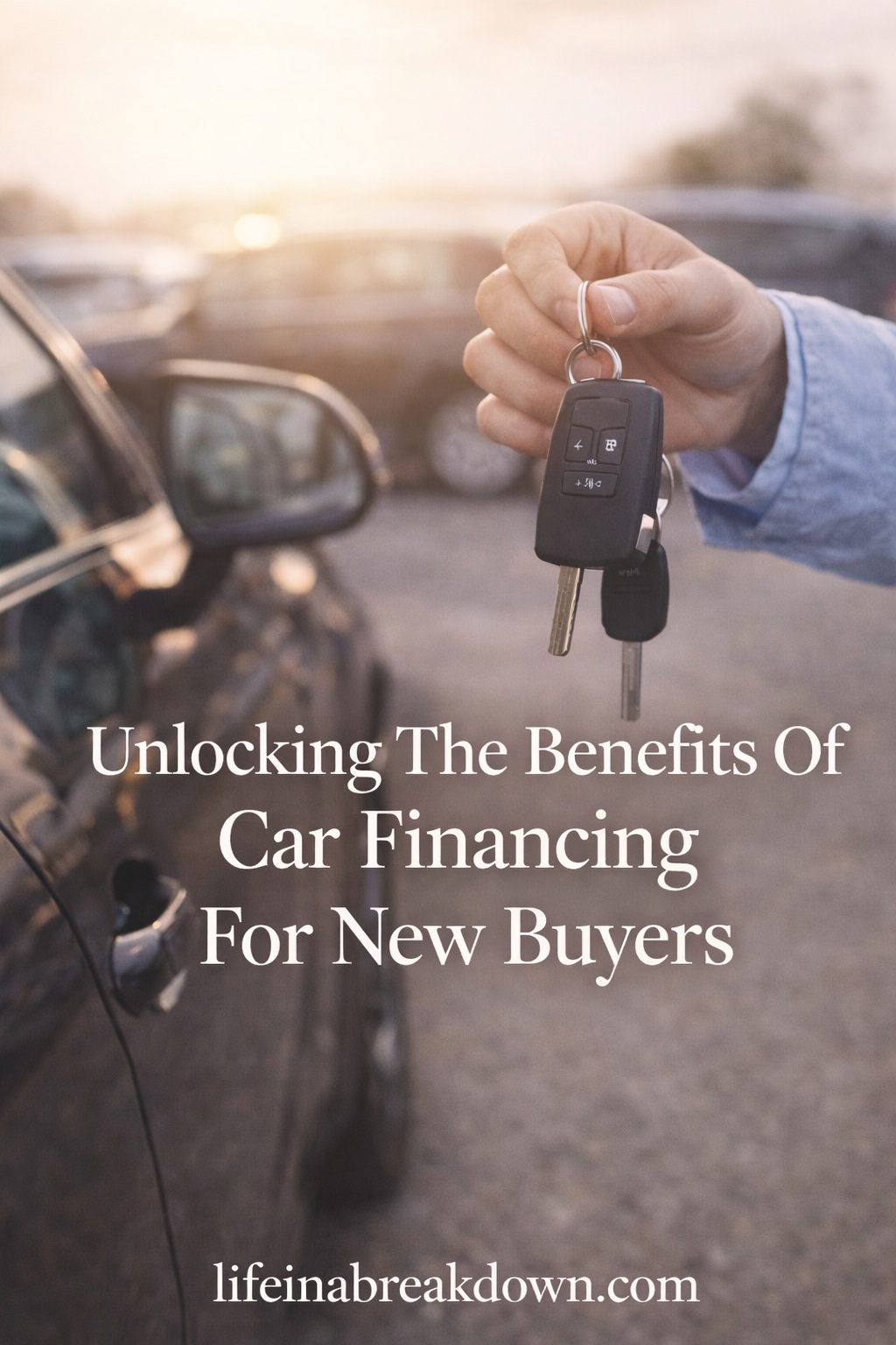 A person holds car keys next to a parked car. Text on the image reads, Unlocking The Benefits Of Car Financing For New Buyers, with lifeinabreakdown.com at the bottom.