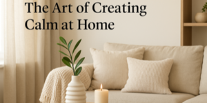 A cosy living room with a beige sofa, textured cushions, a lit candle, and a white vase with green leaves. Soft light comes through sheer curtains. Text reads: The Art of Creating Calm at Home.