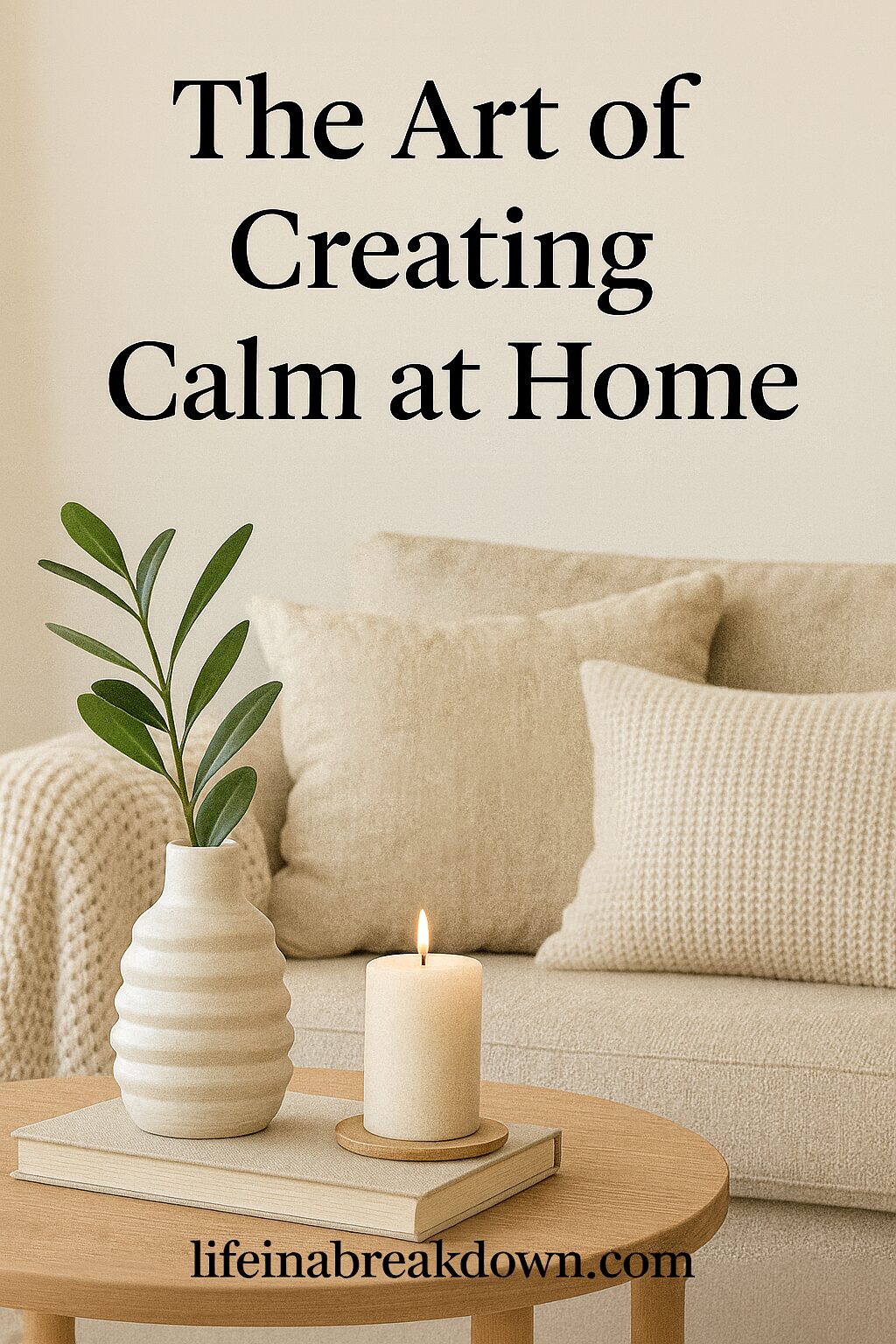 A cosy living room scene with a beige sofa, textured cushions, a white vase with green leaves, and a lit candle on a wooden coffee table. Text reads: The Art of Creating Calm at Home.