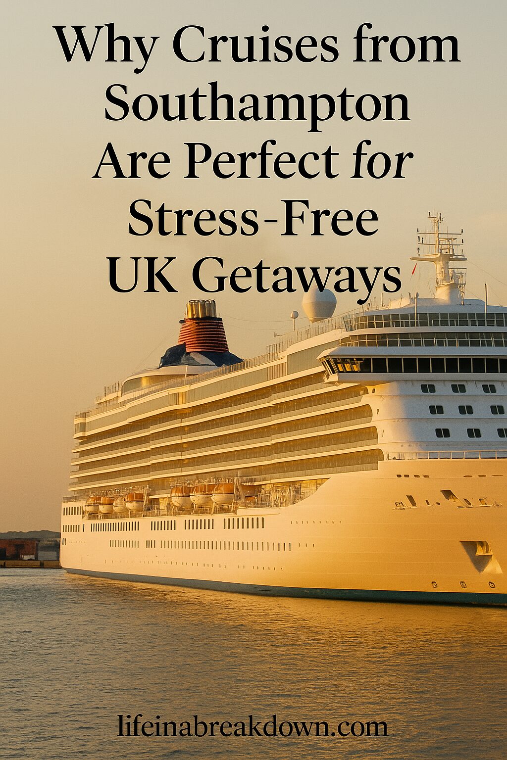 Large white cruise ship docked at sunset with text overlay: Why Cruises from Southampton Are Perfect for Stress-Free UK Holidays. The website lifeinabreakdown.com appears at the bottom.
