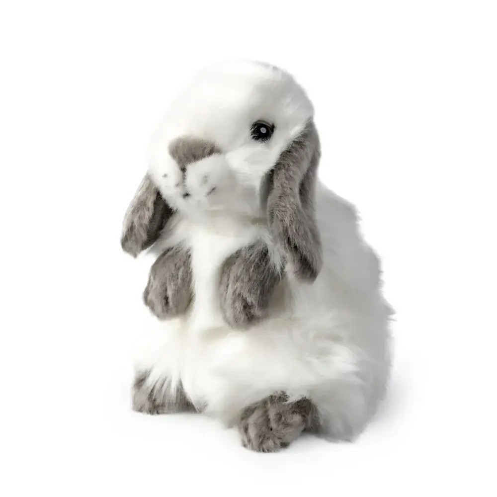A soft toy bunny with white fur and grey accents on its ears, paws, and nose, sitting upright against a plain white background.