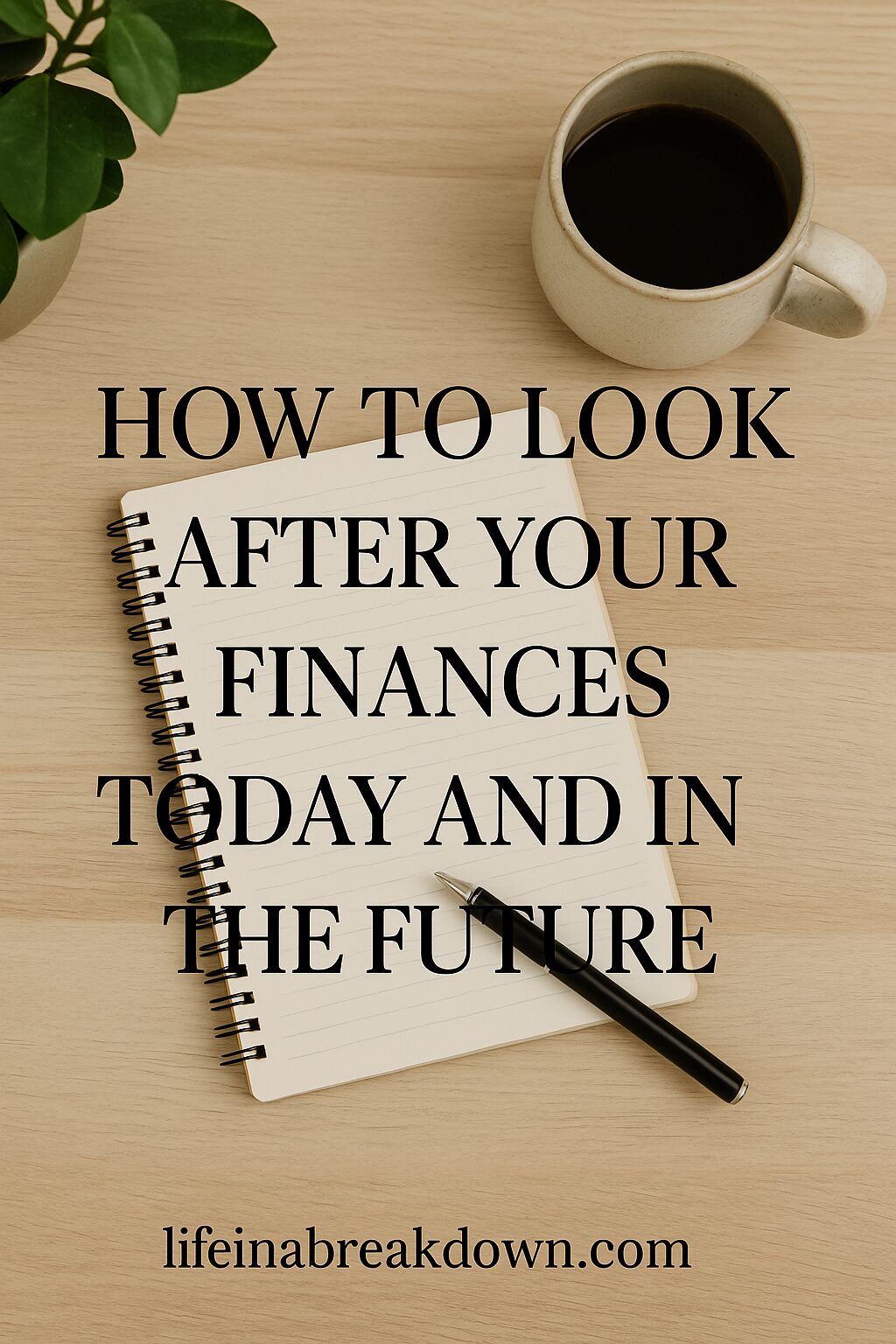 A notebook with a pen, a cup of coffee, and a plant on a wooden desk. Overlaid text reads: How to look after your finances today and in the future. lifeinabreakdown.com.