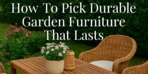 A wooden outdoor table with a potted plant and wicker chairs sits on a lawn, with the text How To Pick Durable Garden Furniture That Lasts overlaid above.