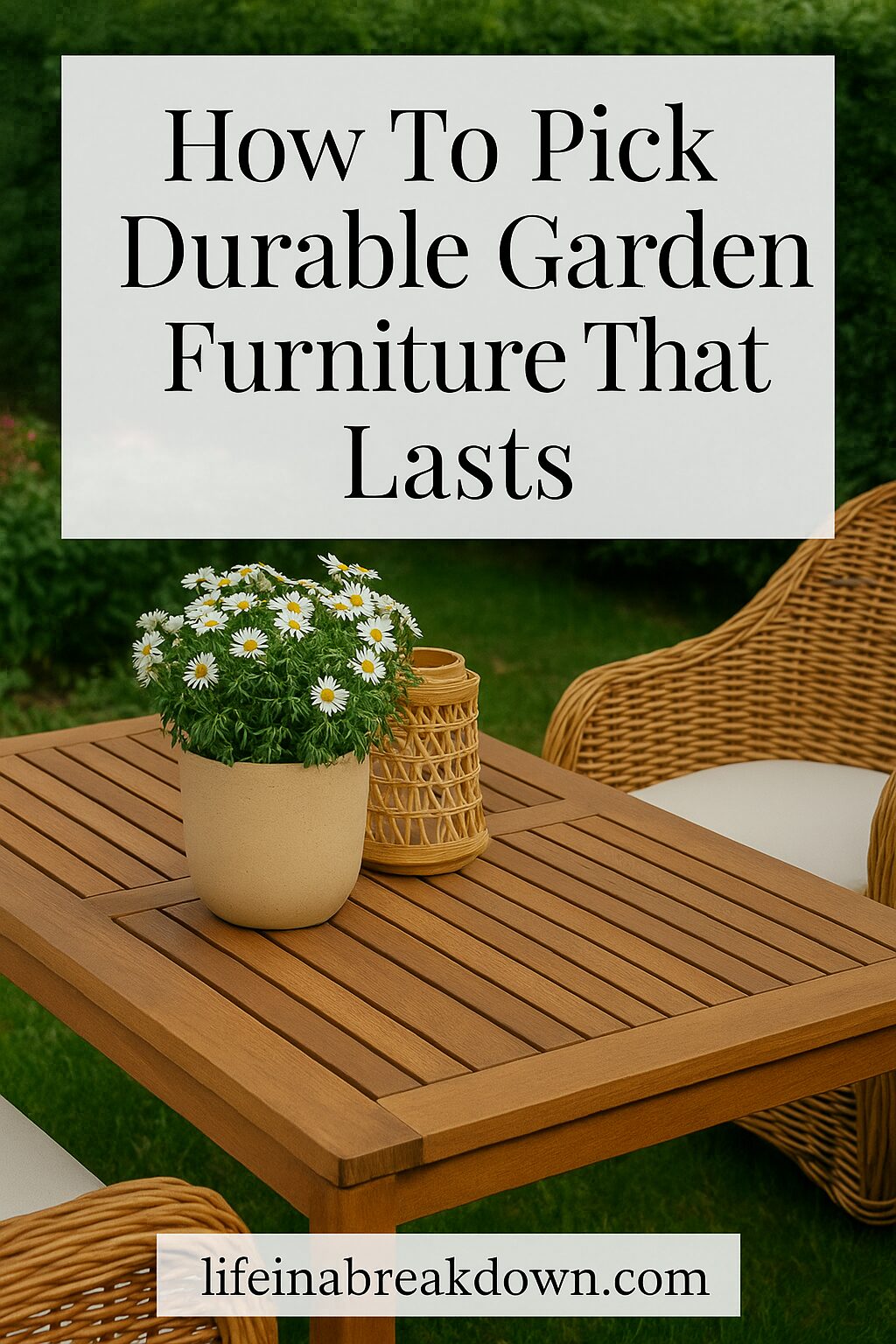 A wooden outdoor table with a potted daisy plant, surrounded by wicker chairs, with text overlay: “How To Pick Durable Garden Furniture That Lasts.” Website: lifeinabreakdown.com. Lush green garden in the background.