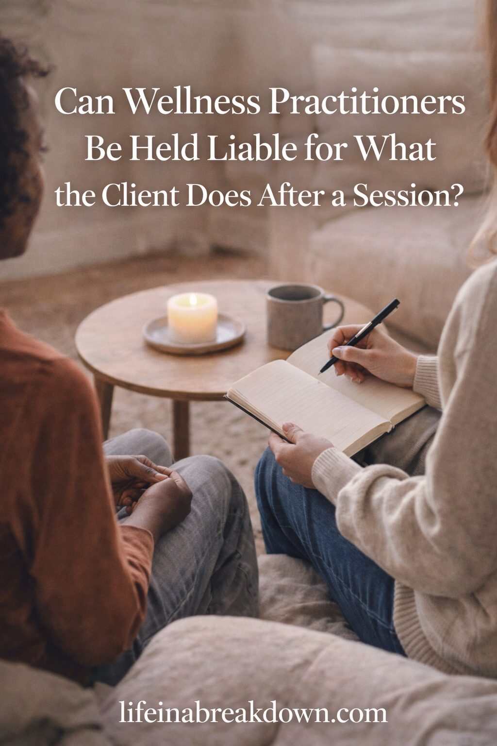 Two people sit opposite each other in a cosy room; one takes notes in a notebook while the other listens. A lit candle, mug, and plate are on the table. Text asks if wellbeing practitioners can be held liable for clients’ actions.