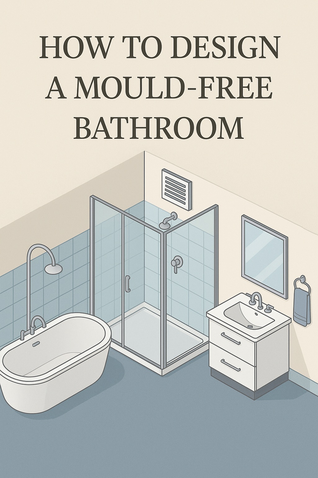 Illustration of a clean, modern bathroom with a bath, shower, basin, mirror, and ventilation fan. Text above reads, How to design a mould-free bathroom.