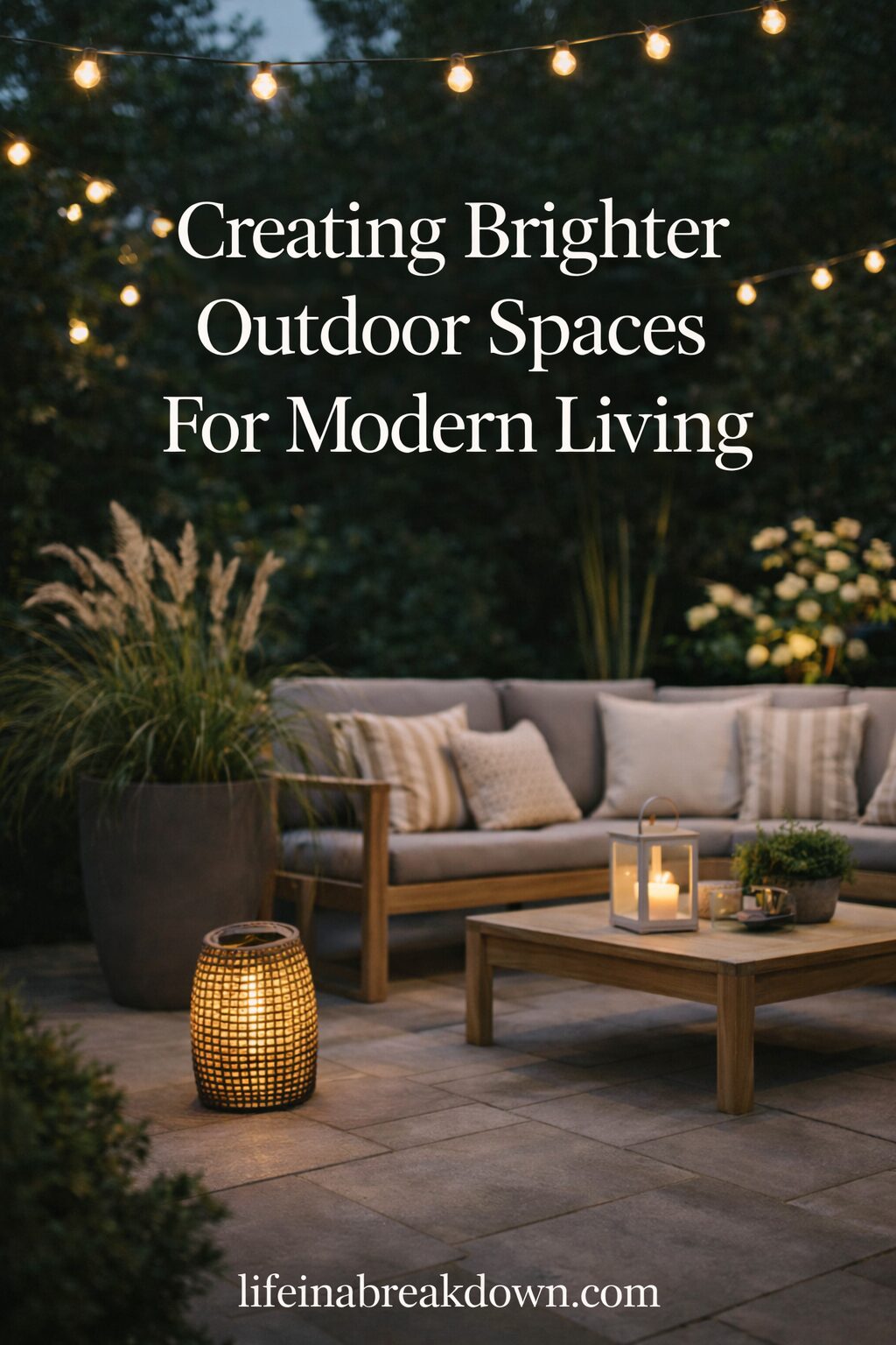 Cosy outdoor patio with fairy lights, a wicker lantern, candles on a coffee table, a wooden sofa with cushions, large potted plants, and text: Creating Brighter Outdoor Spaces For Modern Living.