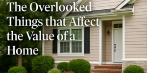 Front view of a beige house with white trim, green shrubs, and brick steps leading to a porch. Overlaid text reads: The Overlooked Things that Affect the Value of a Home.