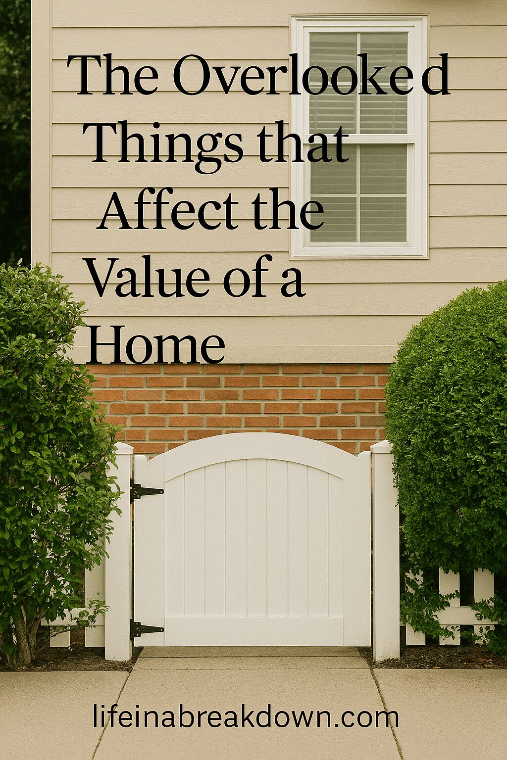 A white gate in front of a beige house with a small window and green bushes; overlaid text reads: The Overlooked Things that Affect the Value of a Home. lifeinabreakdown.com.