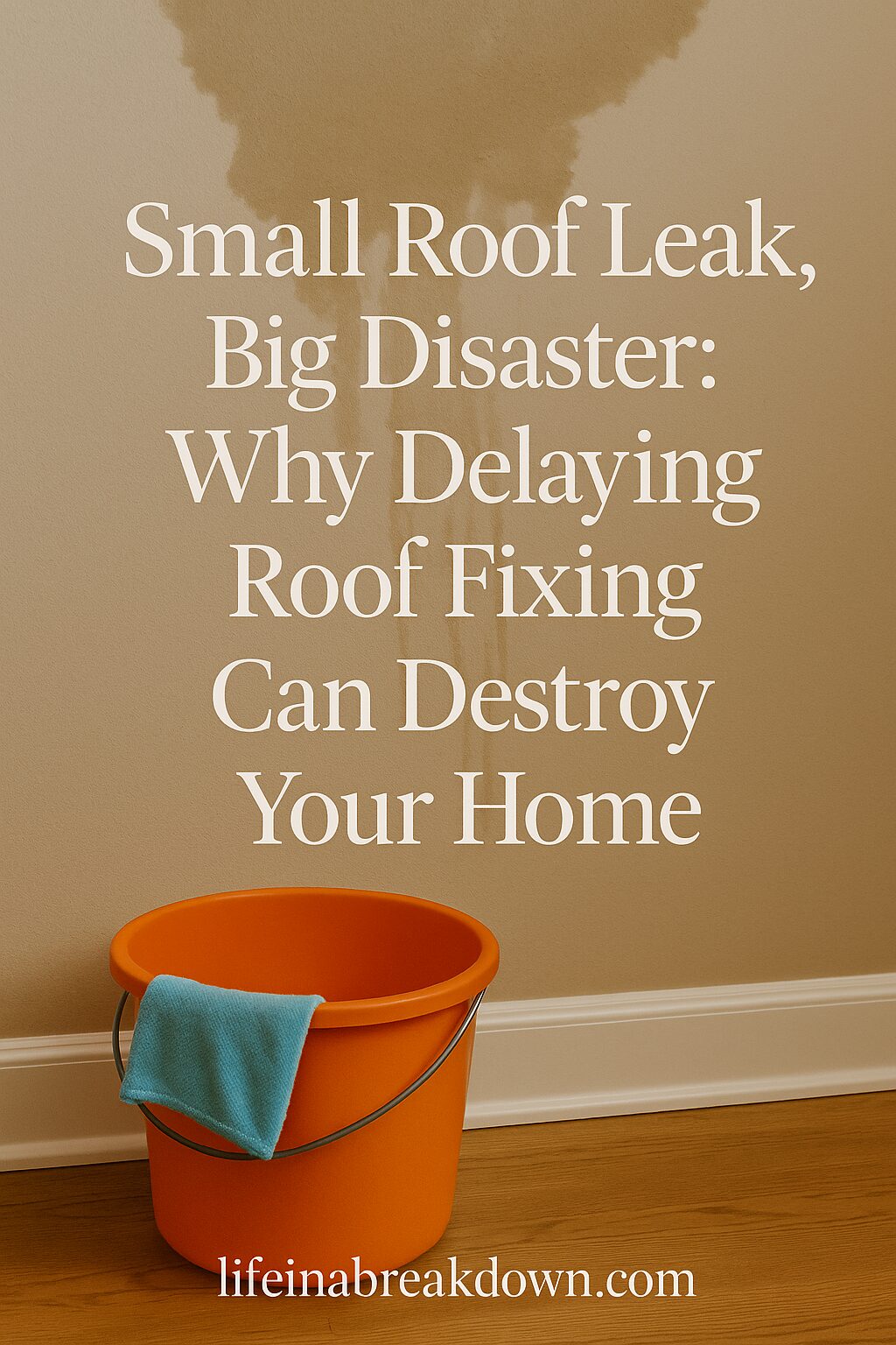 An orange bucket catches water under a large water stain on a beige wall. Text reads, Small Roof Leak, Big Disaster: Why Delaying Roof Repair Can Destroy Your Home. A blue cloth hangs over the bucket's rim.