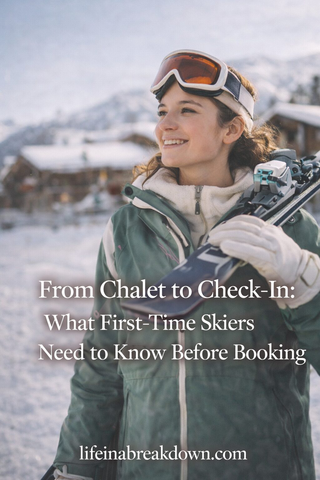 A smiling woman in ski gear holds skis on her shoulder, with snowy mountains and chalets in the background. Text overlay reads: From Chalet to Check-In: What First-Time Skiers Need to Know Before Booking. lifeinabreakdown.com.