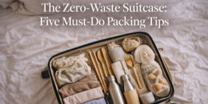 Open suitcase on a bed, neatly packed with reusable items like water bottles, cloth bags, utensils, and folded clothes, with the text: The Zero-Waste Suitcase: Five Must-Do Packing Tips above.