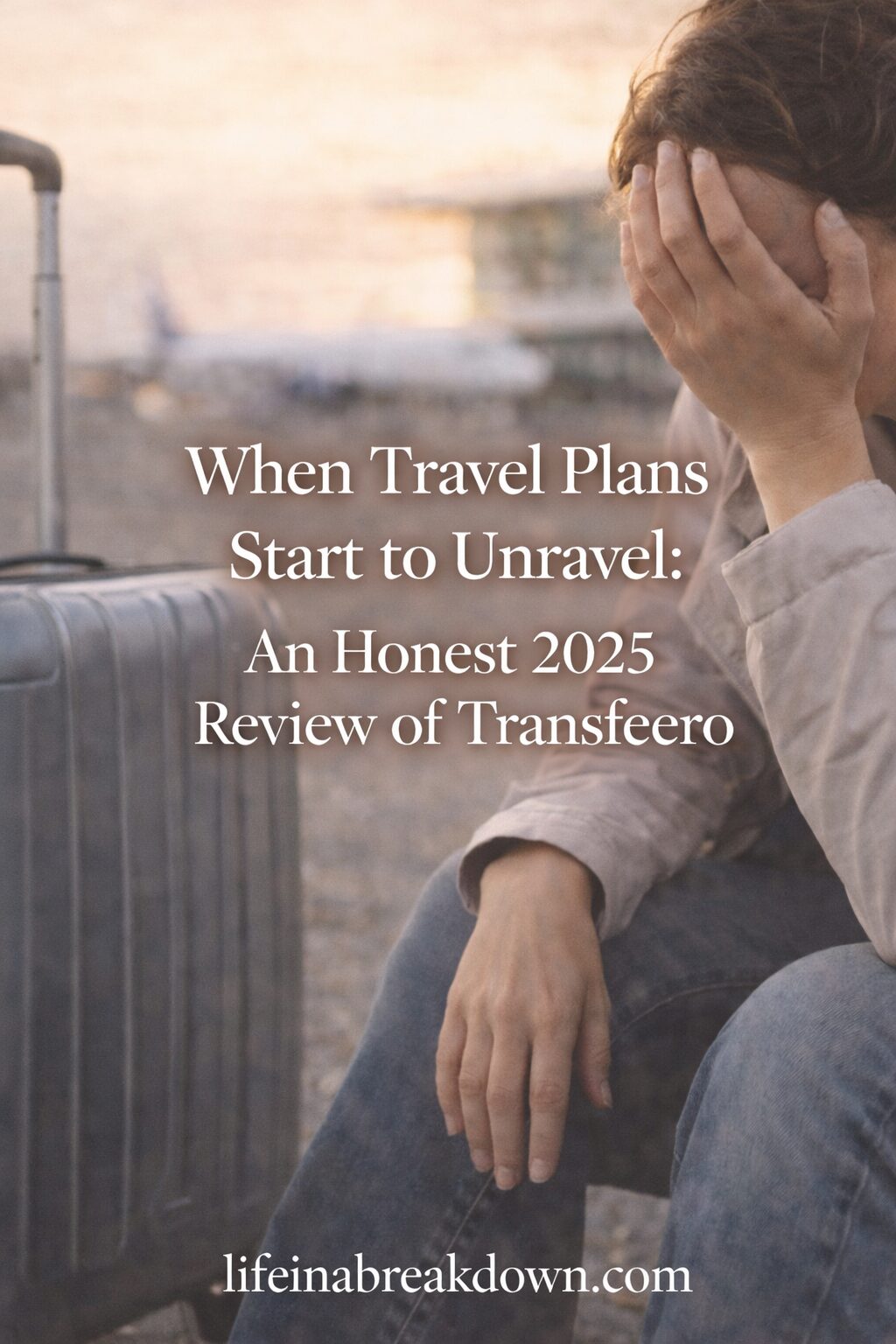 A distressed traveller sits by a suitcase at an airport, covering their face with one hand. Text over the image reads, When Travel Plans Start to Unravel: An Honest 2025 Review of Transfeero. lifeinabreakdown.com.