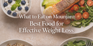 A table with healthy foods including salmon, sliced avocado, tomatoes, rocket, blueberries in yoghurt, and a grain bowl. Text over the image reads: “What to Eat on Mounjaro: Best Food for Effective Weight Loss.”.