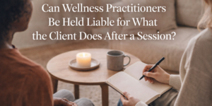 Two people sit opposite each other in a cosy setting; one takes notes on a notepad while the other listens. A lit candle and a mug are on the table. Text asks if wellbeing practitioners are liable for clients’ actions after a session.