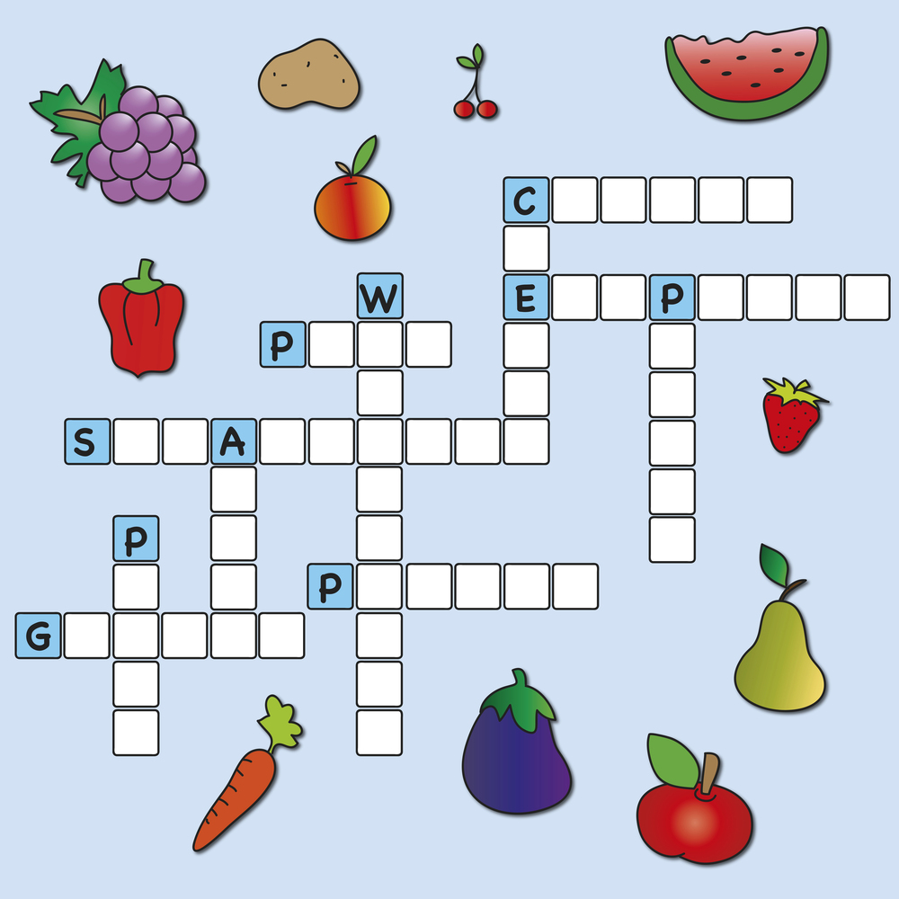 A crossword puzzle with illustrations of various fruits and vegetables, including grapes, potato, cherry, watermelon, peach, red pepper, strawberry, pear, carrot, aubergine, and tomato, on a light blue background.