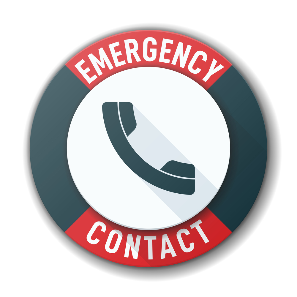 A round icon with a telephone handset in the centre, surrounded by a blue border and red sections at the top and bottom with the words EMERGENCY and CONTACT in white capital letters.