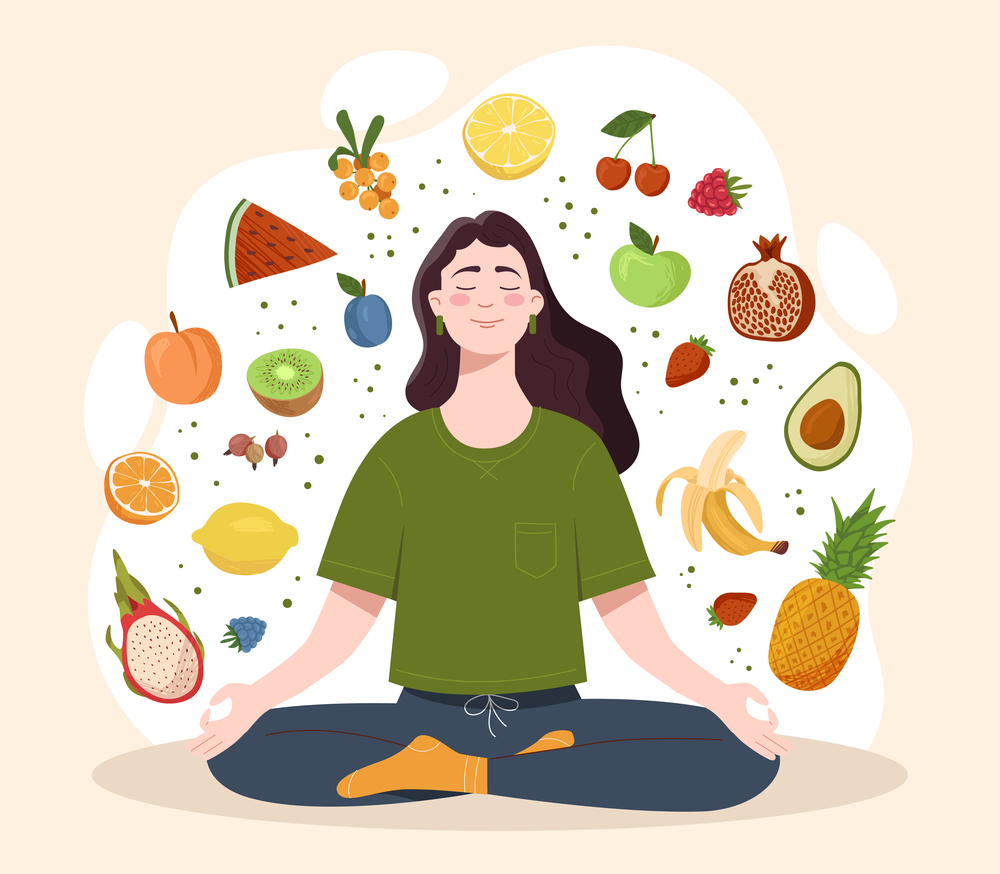 A woman sits cross-legged, meditating with eyes closed, surrounded by colourful fruits like watermelon, kiwi, avocado, cherries, lemon, orange, and pineapple on a light background.