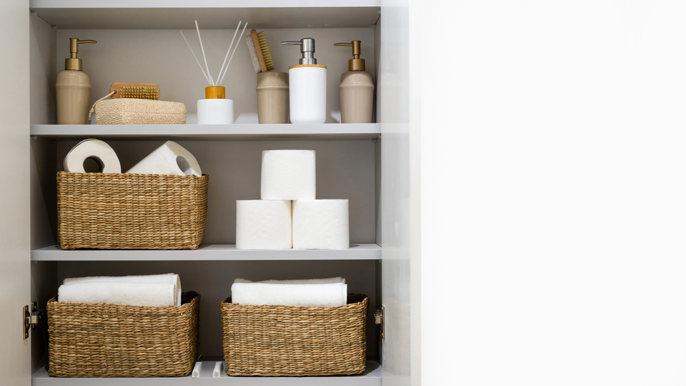 Three shelves with wicker baskets holding white towels and toilet paper, alongside soap dispensers, a brush, and decorative jars, creating an organised and clean bathroom storage display.