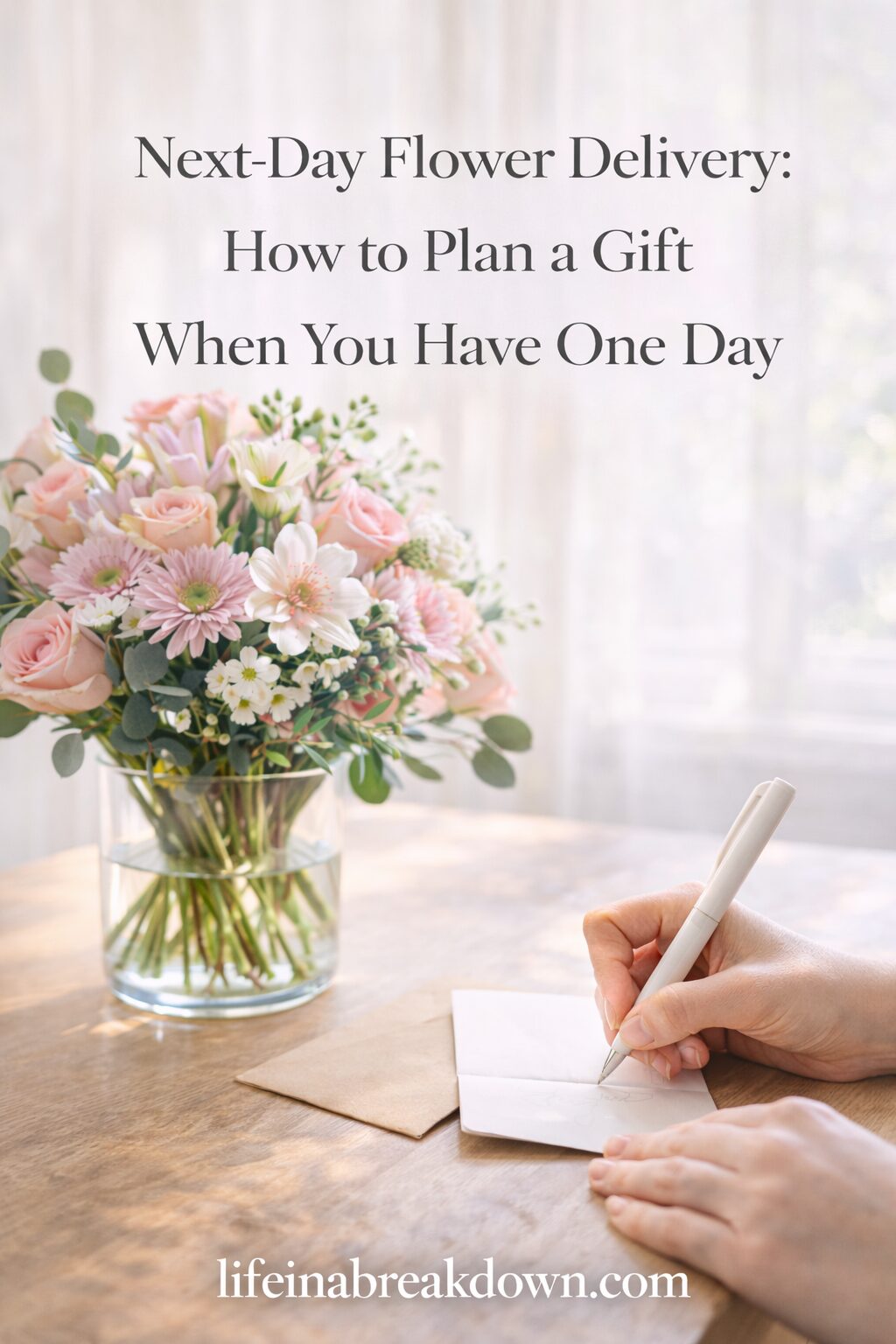 A bouquet of pastel flowers in a vase sits on a wooden table next to a person writing a card. Text above reads: “Next-Day Flower Delivery: How to Plan a Gift When You Have One Day”.