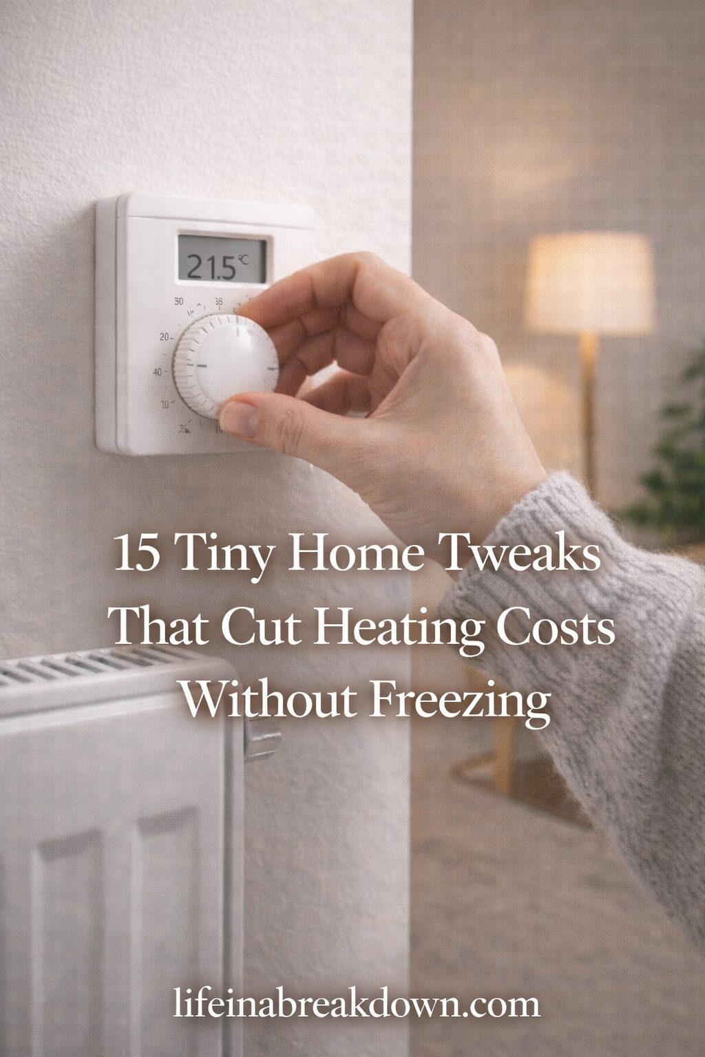 A hand adjusts a home thermostat above a radiator. Text on the image reads: 15 Tiny Home Tweaks That Cut Heating Costs Without Freezing. A lamp and plant are blurred in the background.