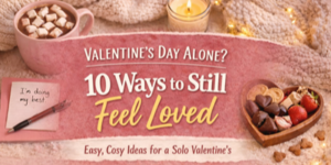 A cosy setting with a mug of hot chocolate, a lit candle, a note reading I’m doing my best!, and a heart-shaped box of chocolates. Text: Valentine’s Day Alone? 10 Ways to Still Feel Loved. Easy, Cosy Ideas for a Solo Valentine’s.