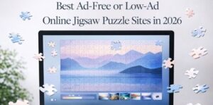 A computer screen displays a jigsaw puzzle of a serene mountain and lake scene, with puzzle pieces floating around it. Text above reads: Best Ad-Free or Low-Ad Online Jigsaw Puzzle Sites in 2026.