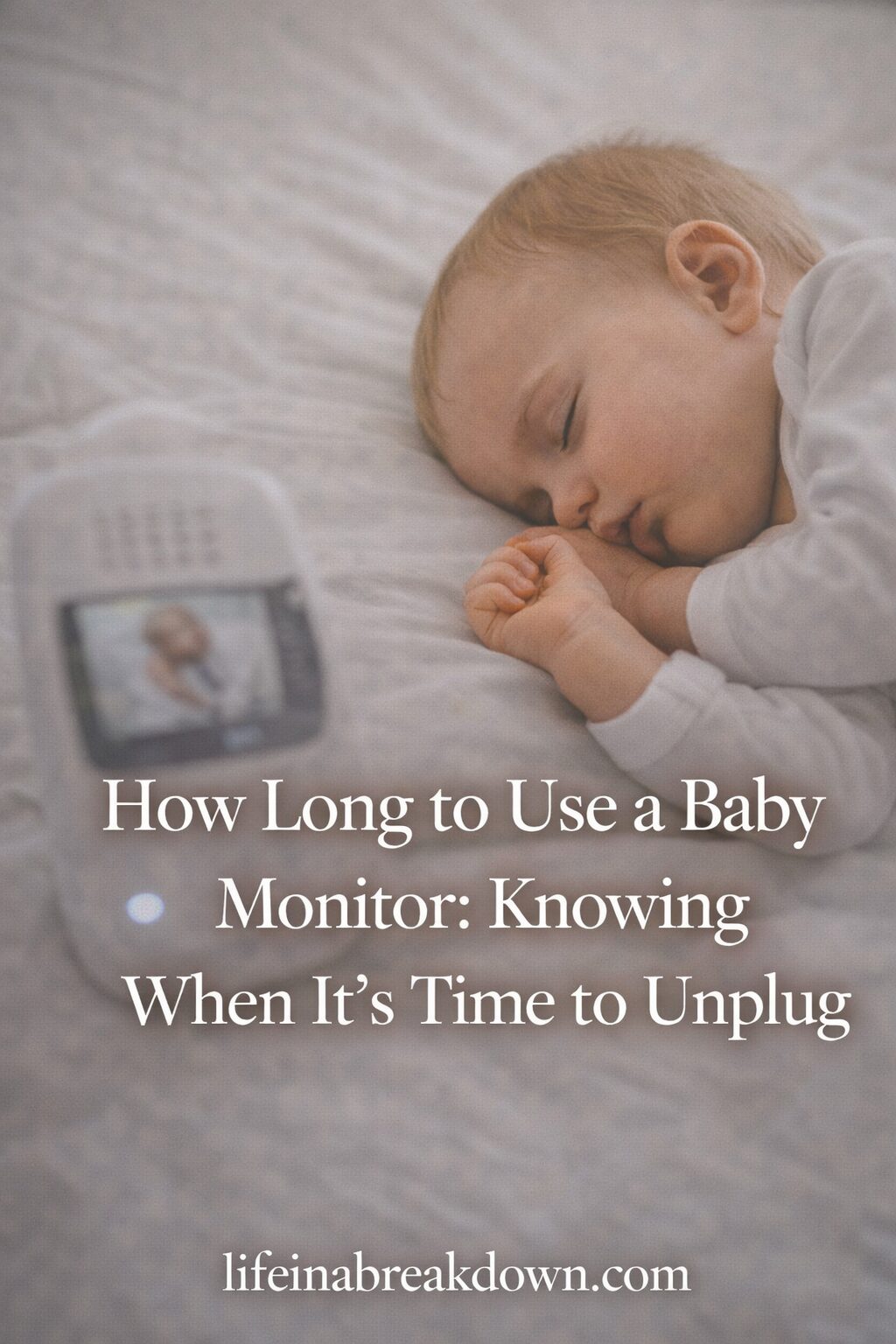 A baby sleeps peacefully on a bed next to a baby monitor. Text on the image reads: How Long to Use a Baby Monitor: Knowing When It’s Time to Unplug. lifeinabreakdown.com.