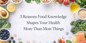 A variety of fresh foods including fruit, vegetables, nuts, and salmon arranged around text that reads, 3 Reasons Food Knowledge Shapes Your Health More Than Most Things.