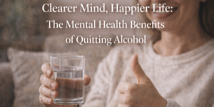 A person holds a glass of water and gives a thumbs up. The text over the image reads: Clearer Mind, Happier Life: The Mental Health Benefits of Quitting Alcohol.