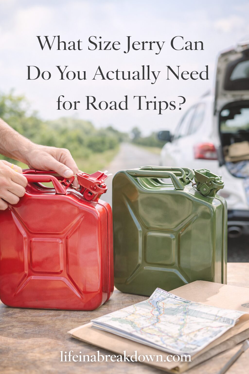 A person places a red jerry can next to a green one on a wooden surface with a map, near a white car with an open boot. Text reads: What Size Jerry Can Do You Actually Need for Road Trips?.