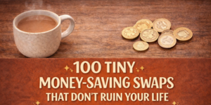 A steaming cup of tea sits beside several British one-pound coins. Below, text reads: 100 Tiny Money-Saving Swaps That Don’t Ruin Your Life.