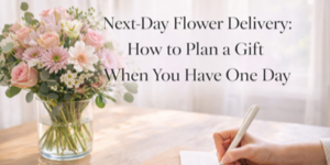 A hand writing on a notepad beside a vase of pink and white flowers, with text reading, Next-Day Flower Delivery: How to Plan a Gift When You Have One Day.