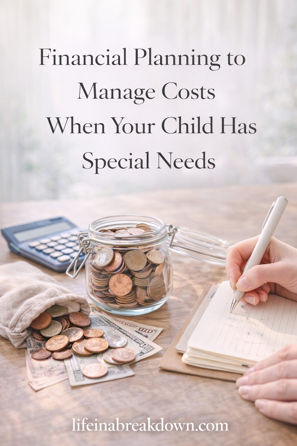 A hand writes in a notebook near a jar filled with coins, a pile of coins and notes, and a calculator. The text reads: “Financial Planning to Manage Costs When Your Child Has Special Needs.”.