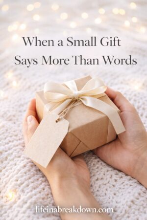 Close-up of hands holding a small, brown wrapped present with a cream ribbon and blank tag, on a knitted blanket. Text reads: When a Small Gift Says More Than Words. Website: lifeinabreakdown.com.