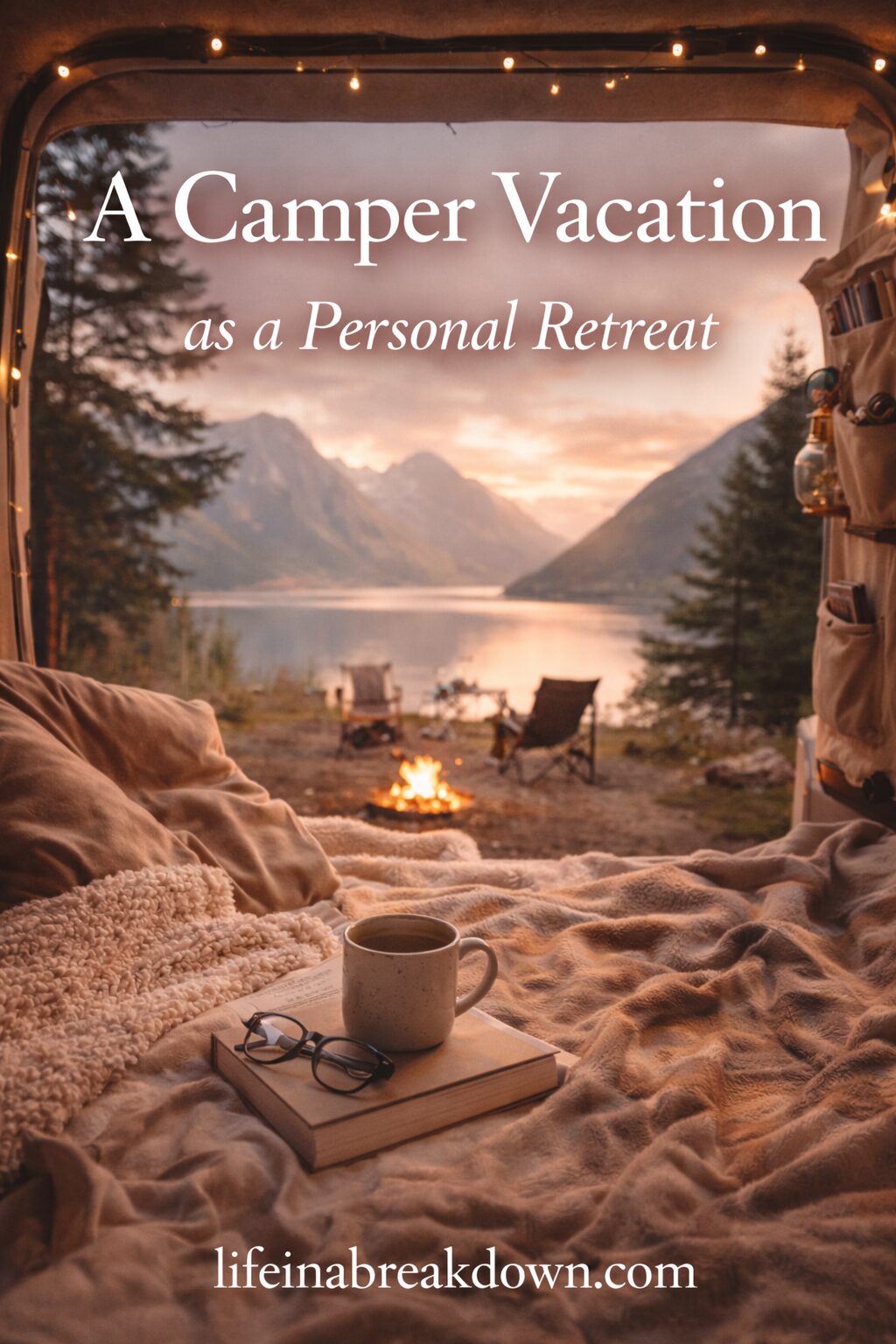 A cosy camper van overlooking a tranquil lake and mountains at sunset, with a campfire, trees, and a mug, book, and glasses on a blanket. Text reads, A Camper Holiday as a Personal Retreat, lifeinabreakdown.com.