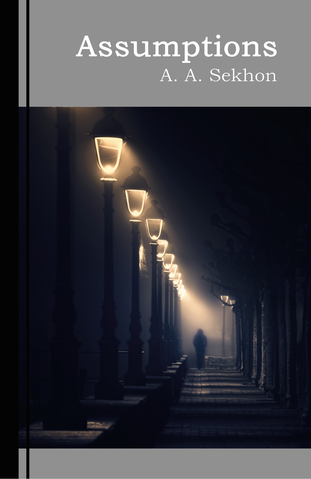 Book cover for Assumptions by A. A. Sekhon, featuring a foggy, dimly lit street with glowing lamps and a solitary, shadowy figure walking along a path lined with trees.