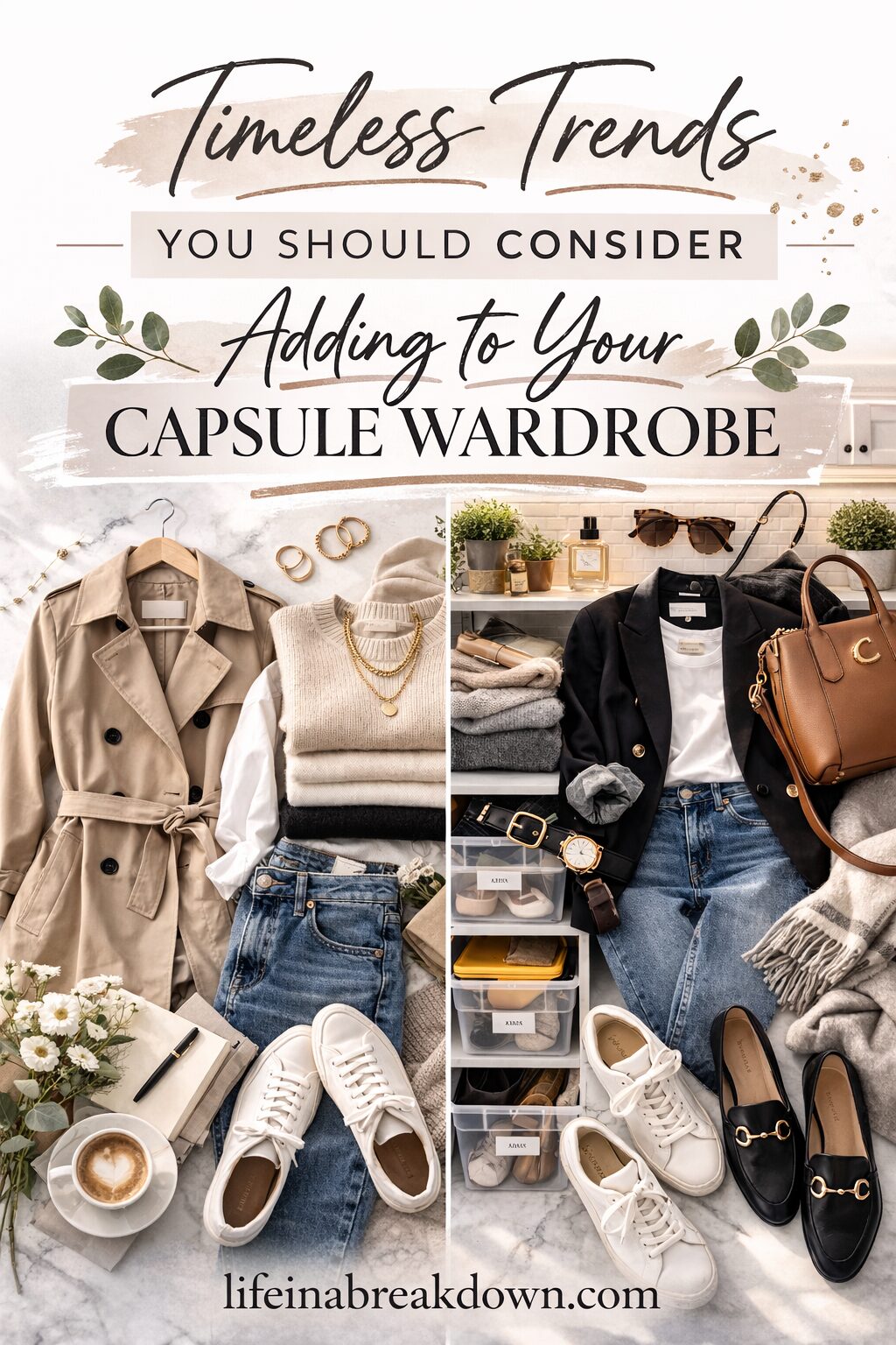 Split image shows a beige trench coat, jumper, jeans, and white trainers on one side, and a blazer, jeans, loafers, handbag, and layered jumpers on the other, suggesting timeless trends for a capsule wardrobe.